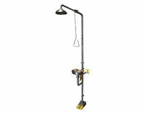 Combination shower and eyewash station foot treadle and bowl